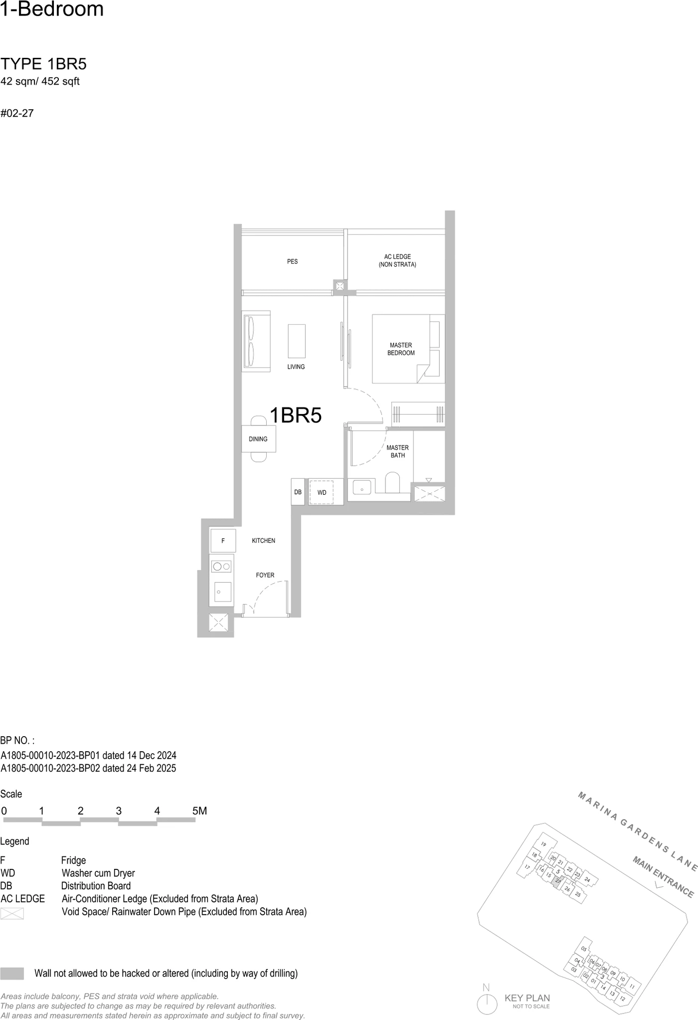 Floorplan for Type 1BR5 at One Marina Gardens — 1 Bedroom, approximately 452 sq ft