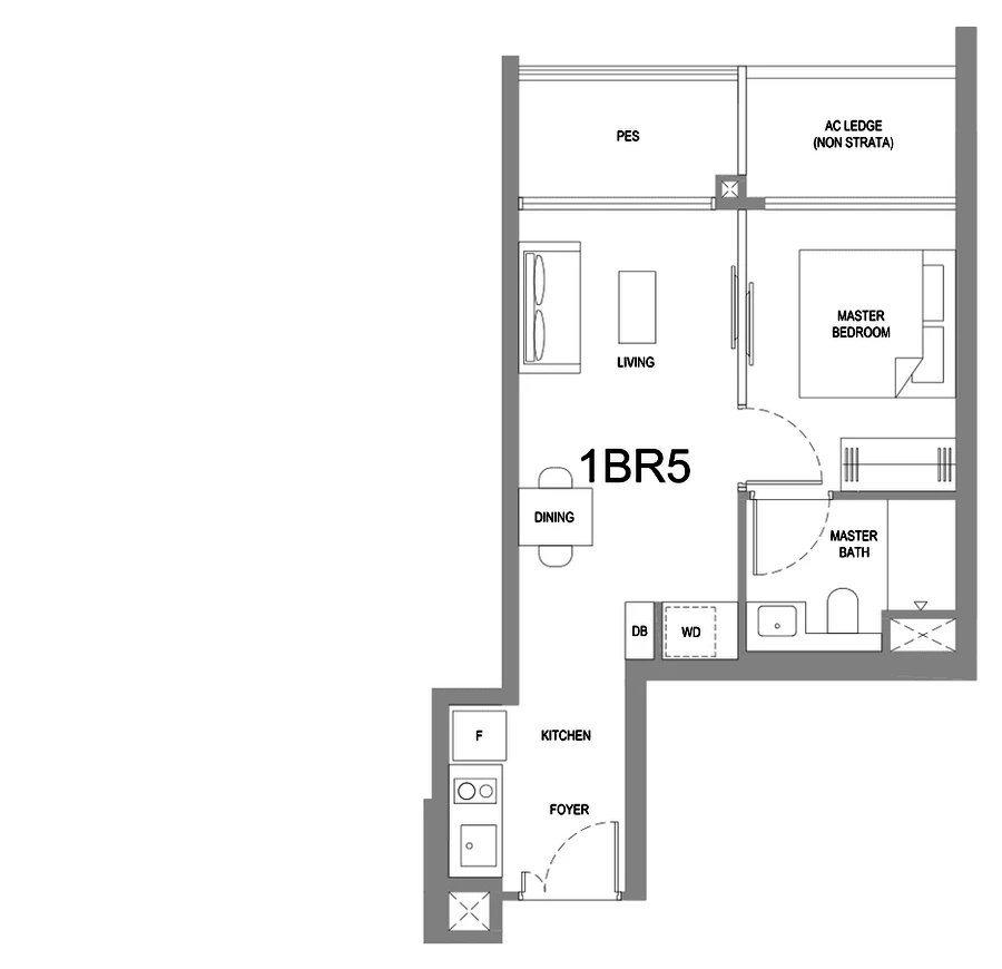 Floorplan for Type 1BR5 at One Marina Gardens — 1 Bedroom, approximately 452 sq ft