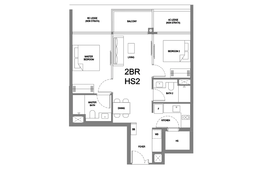 Floorplan for Type 2BR HS2 at One Marina Gardens — 2 Bedroom, approximately 732 sq ft