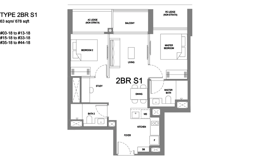 Floorplan for Type 2BR S1 at One Marina Gardens — 2 Bedroom + Study, approximately 678 sq ft