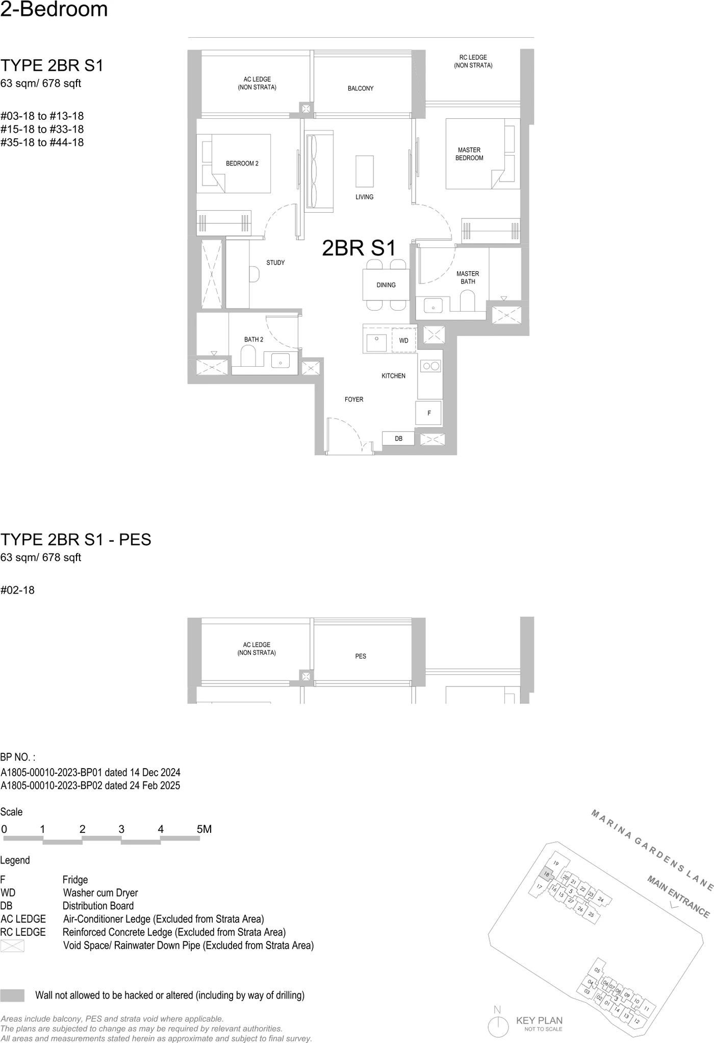 Floorplan for Type 2BR S1 at One Marina Gardens — 2 Bedroom + Study, approximately 678 sq ft