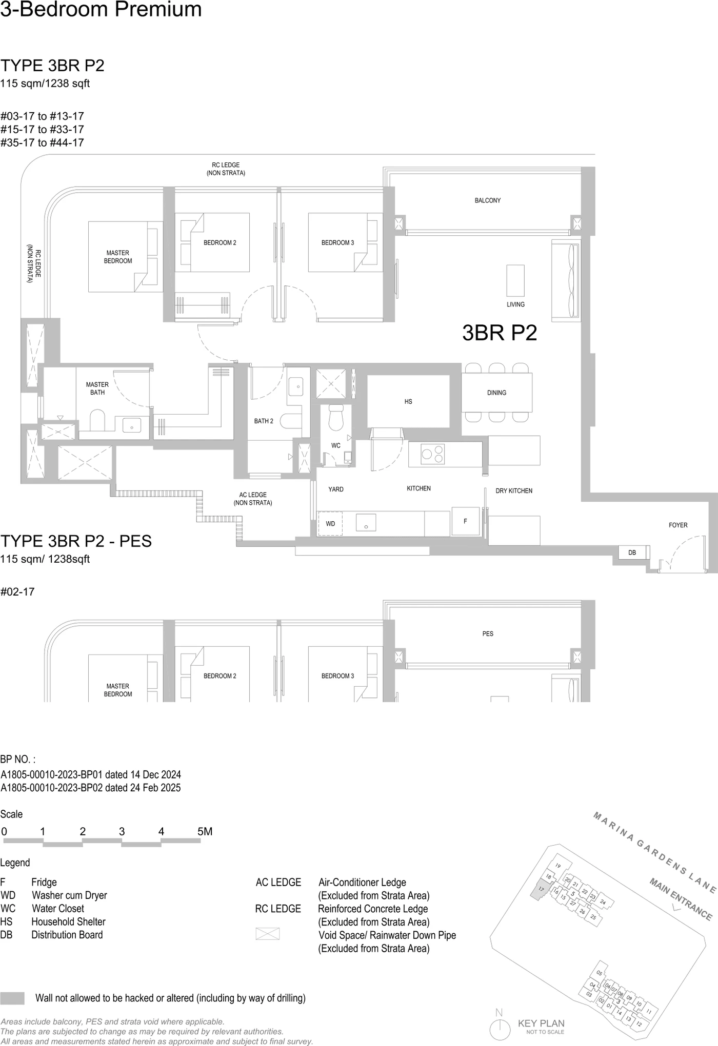 Floorplan for Type 3BR P2 at One Marina Gardens — 3 Bedroom Premium, approximately 1238 sq ft