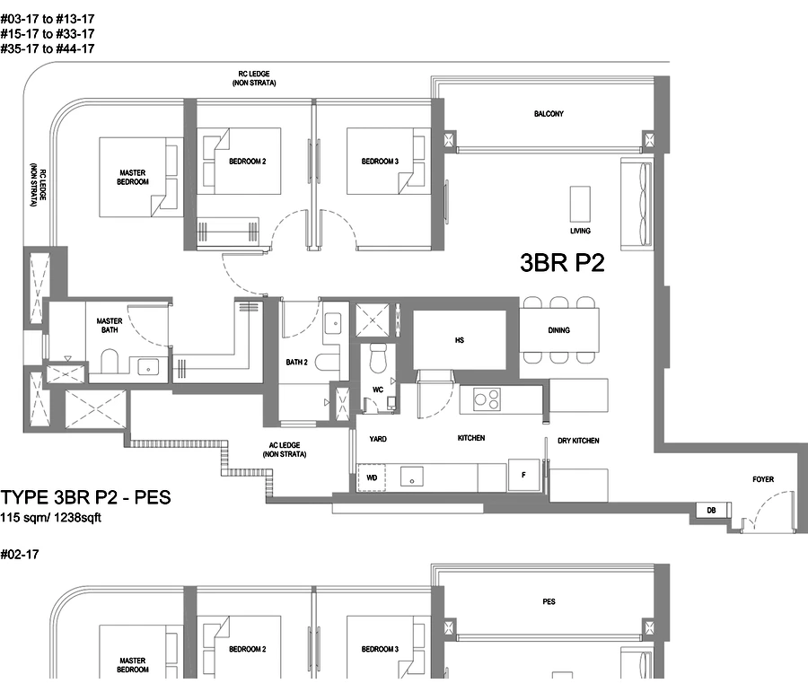 Floorplan for Type 3BR P2 at One Marina Gardens — 3 Bedroom Premium, approximately 1238 sq ft