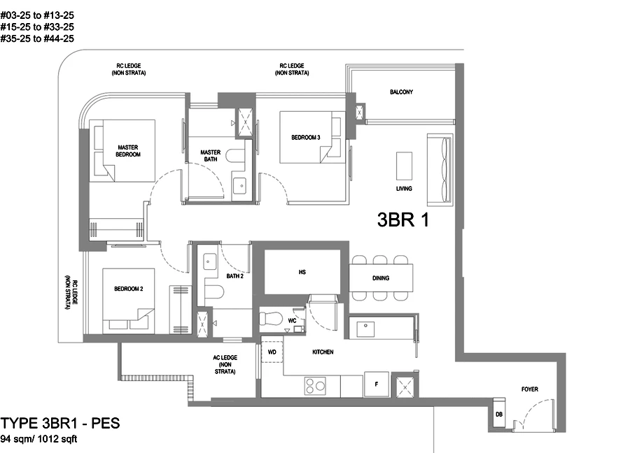 Floorplan for Type 3BR1 at One Marina Gardens — 3 Bedroom, approximately 1012 sq ft