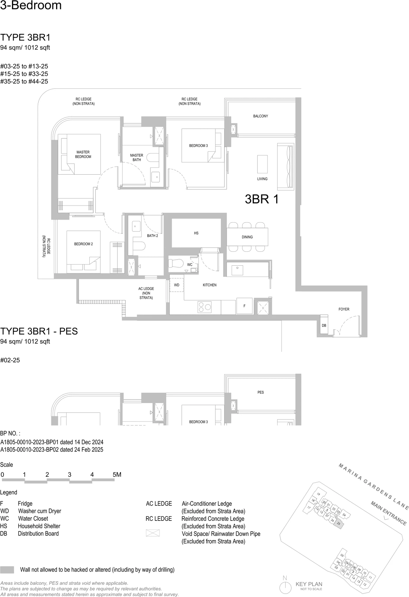 Floorplan for Type 3BR1 at One Marina Gardens — 3 Bedroom, approximately 1012 sq ft