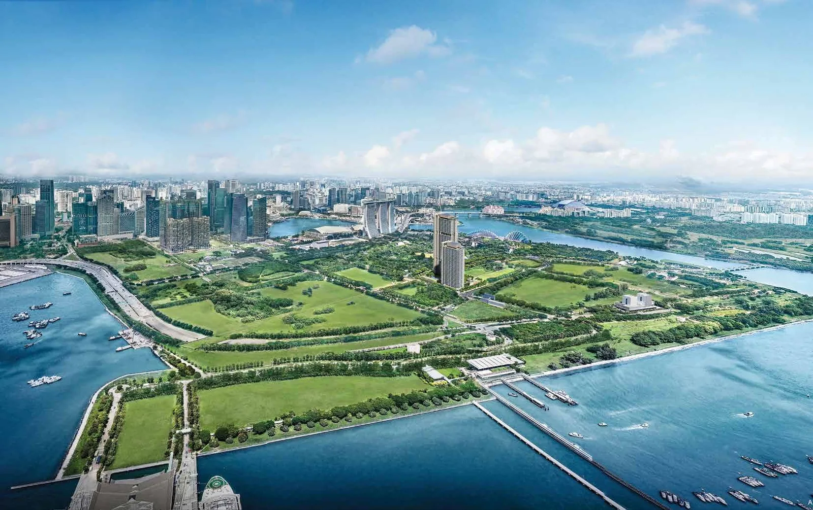 Aerial artist’s impression looking across Gardens by the Bay and the Marina South precinct towards the city