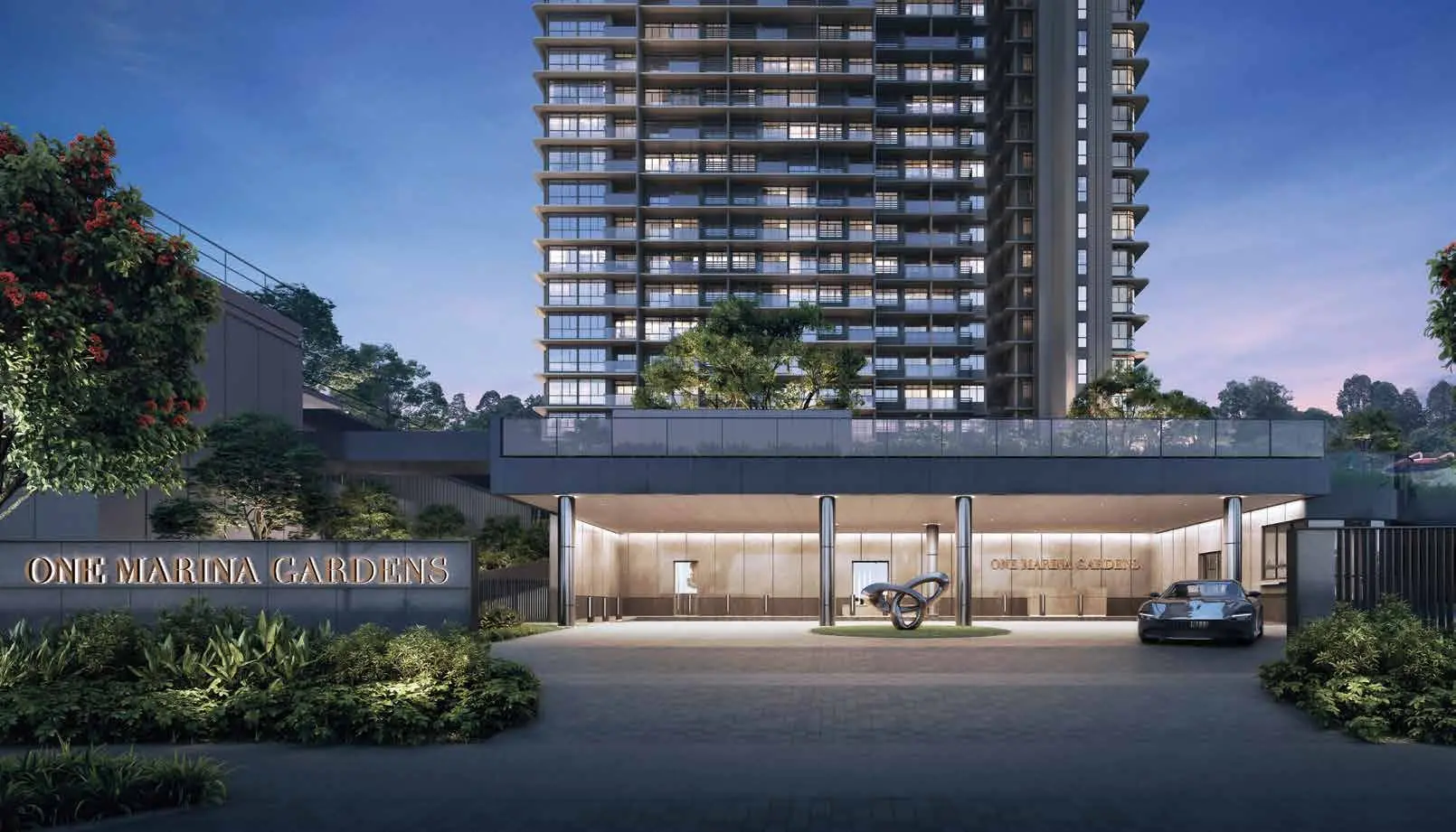 Artist’s impression of the arrival drop-off and main entrance at One Marina Gardens