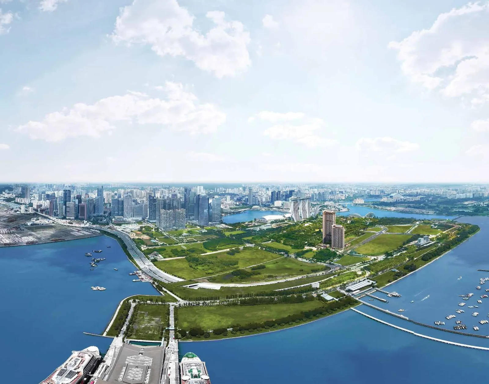 Artist’s impression of One Marina Gardens within the Marina Bay coastal panorama, with Marina Bay Sands and the Singapore Flyer in view