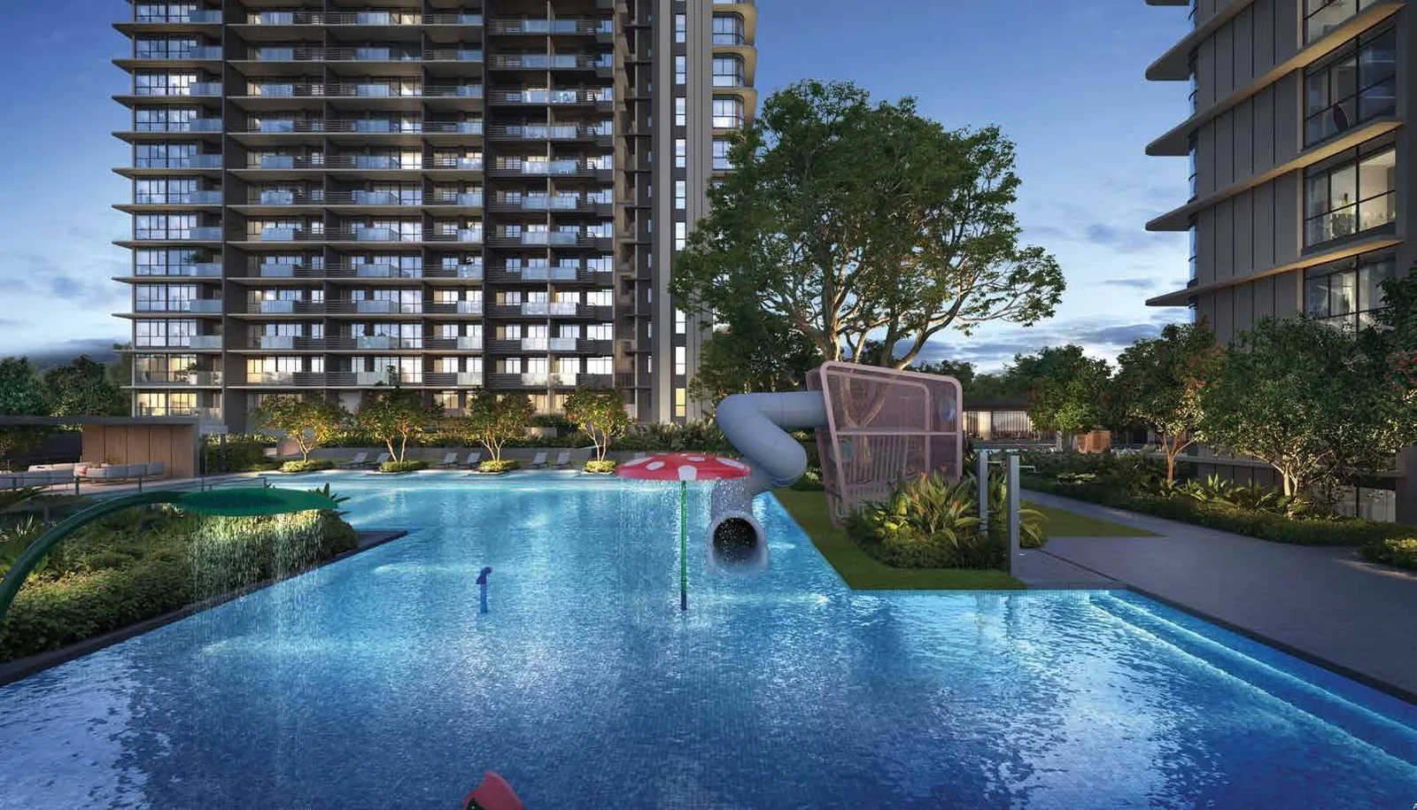 Artist’s impression of the family pool and pool deck with cabanas at One Marina Gardens