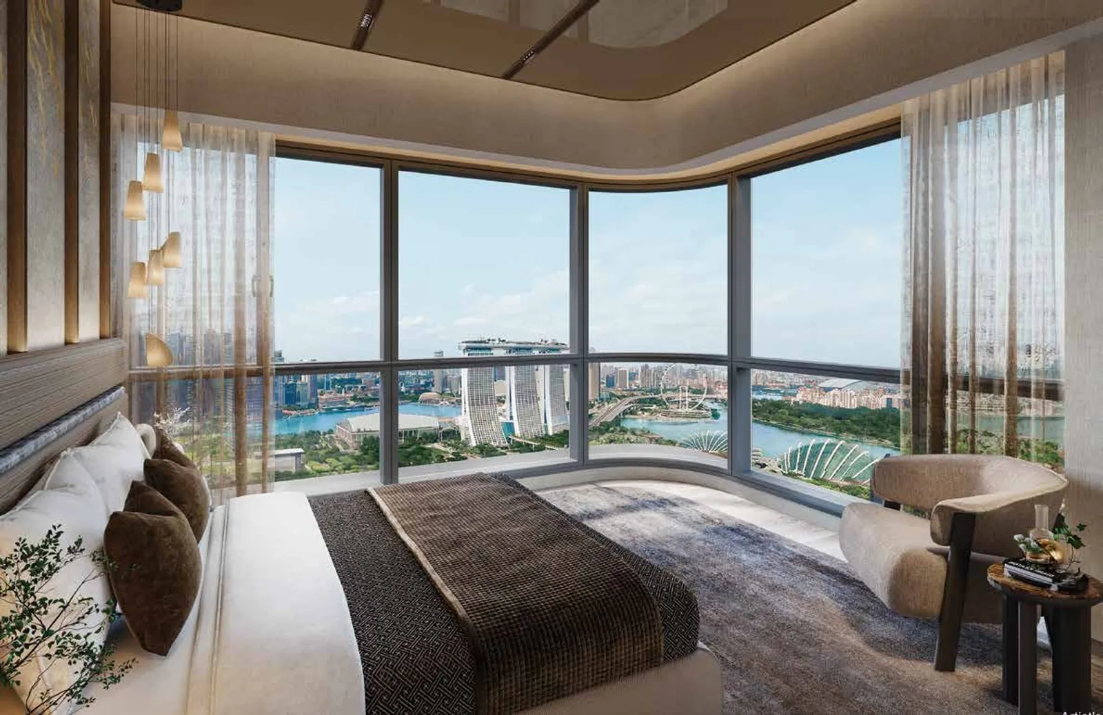 Artist’s impression of a bedroom at One Marina Gardens with floor-to-ceiling windows overlooking the bay