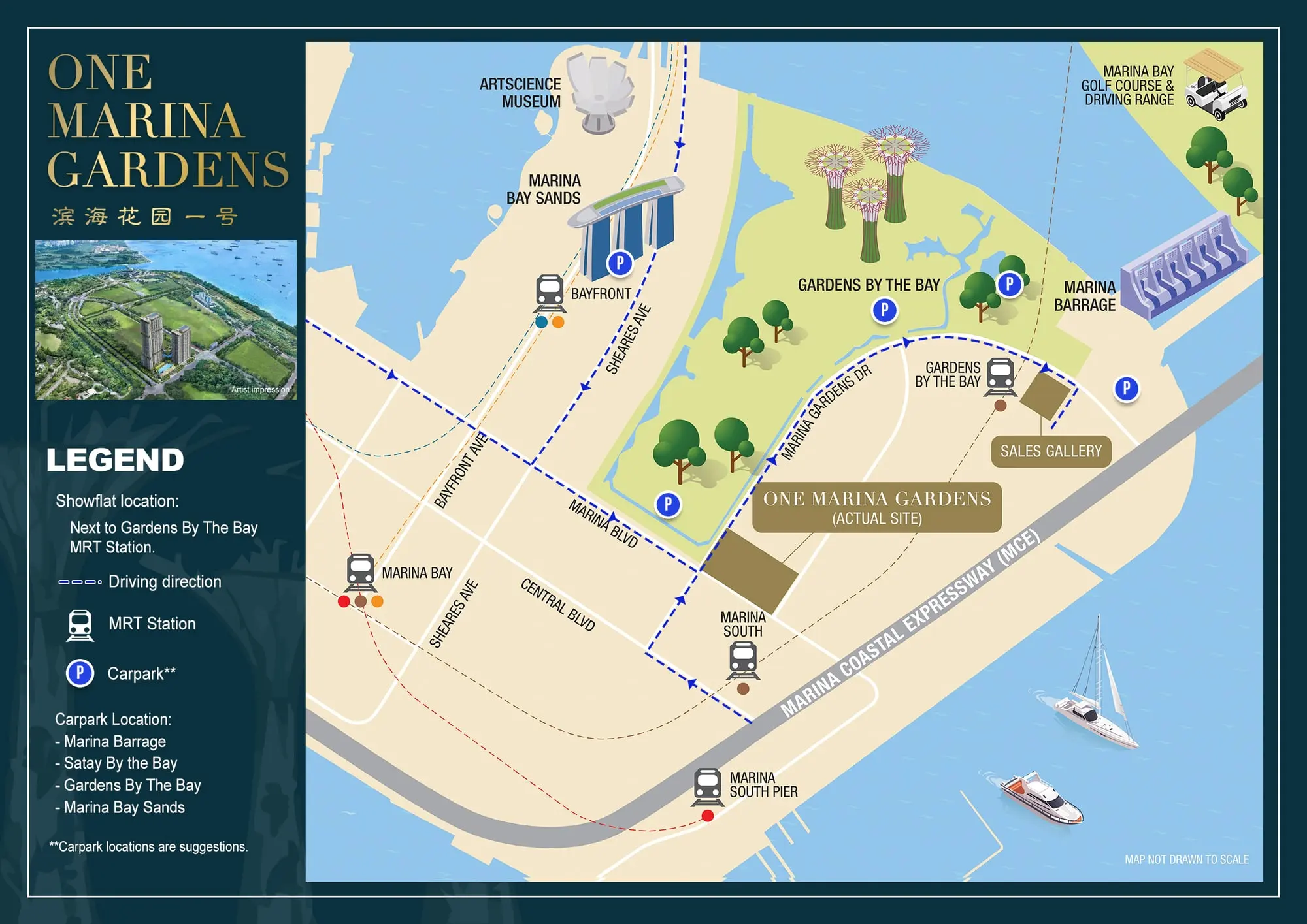 Location map showing One Marina Gardens on Marina Gardens Lane beside Gardens by the Bay, Marina Barrage and the Marina Bay area