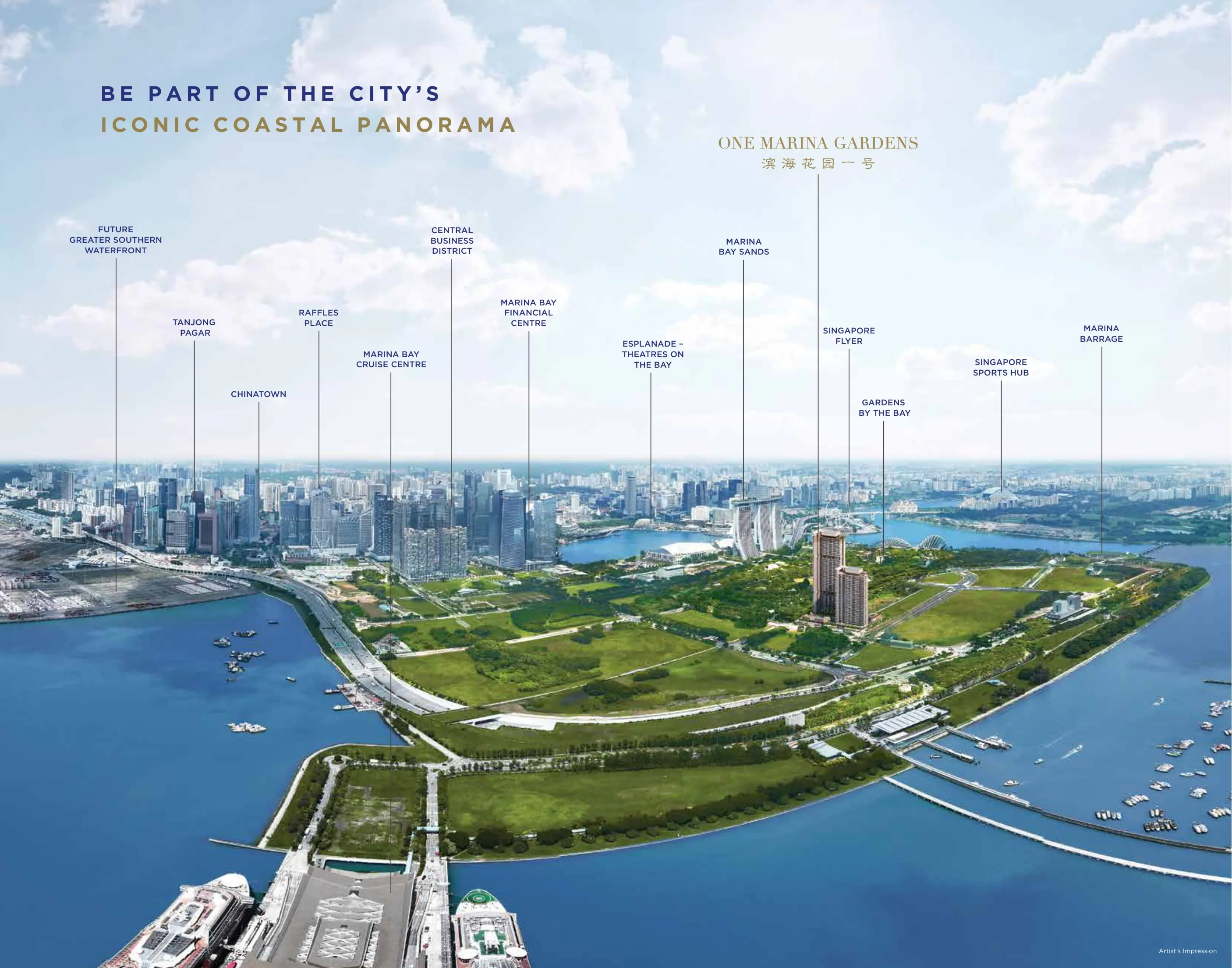 Aerial artist’s impression of the Marina Bay coastline, labelling One Marina Gardens alongside Gardens by the Bay, Marina Bay Sands, the Marina Bay Financial Centre, the Central Business District, Marina Barrage, the Singapore Flyer and the Singapore Sports Hub