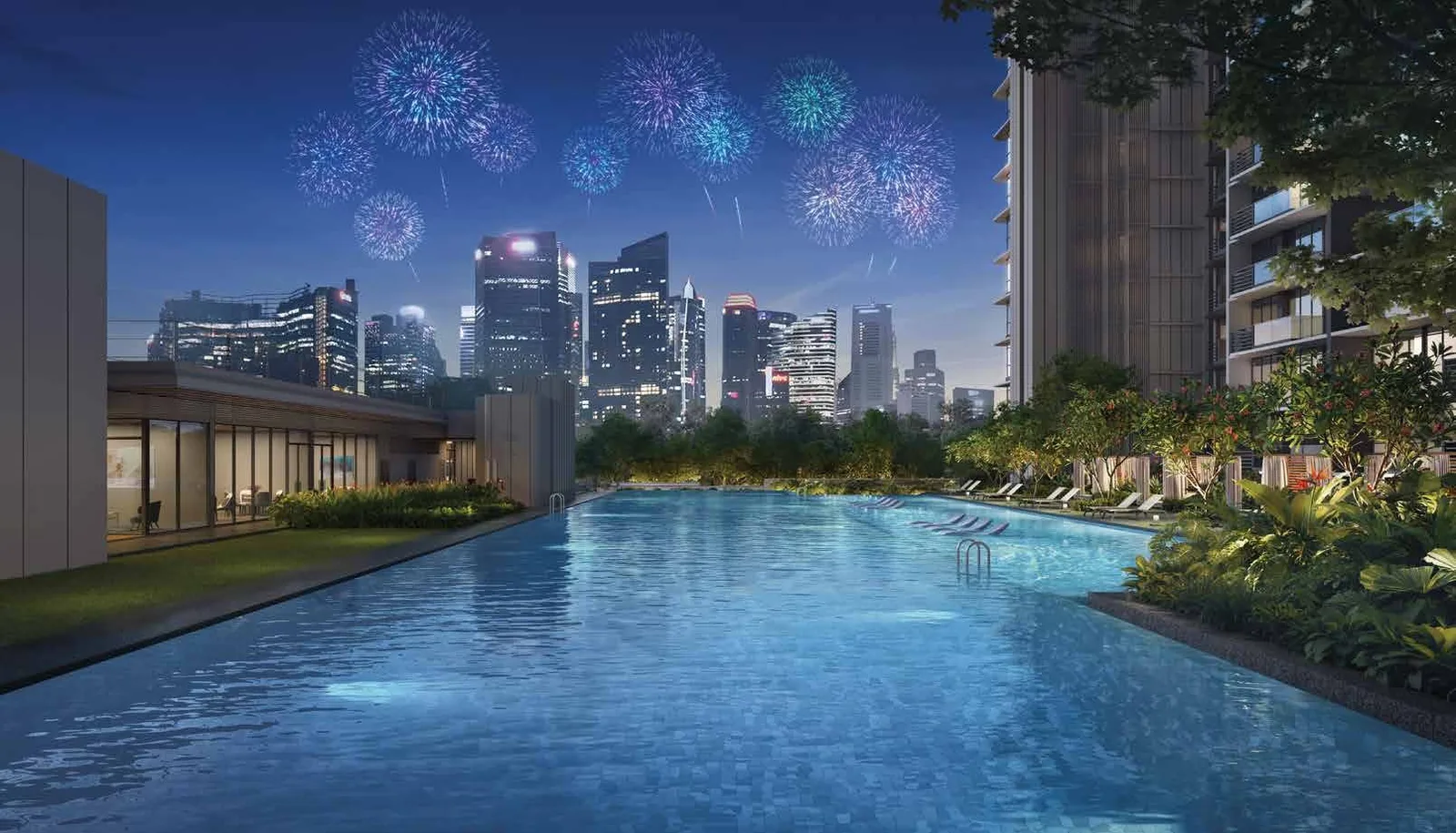 Artist’s impression of the 50-metre pool on the landscape deck at One Marina Gardens, with the city skyline beyond