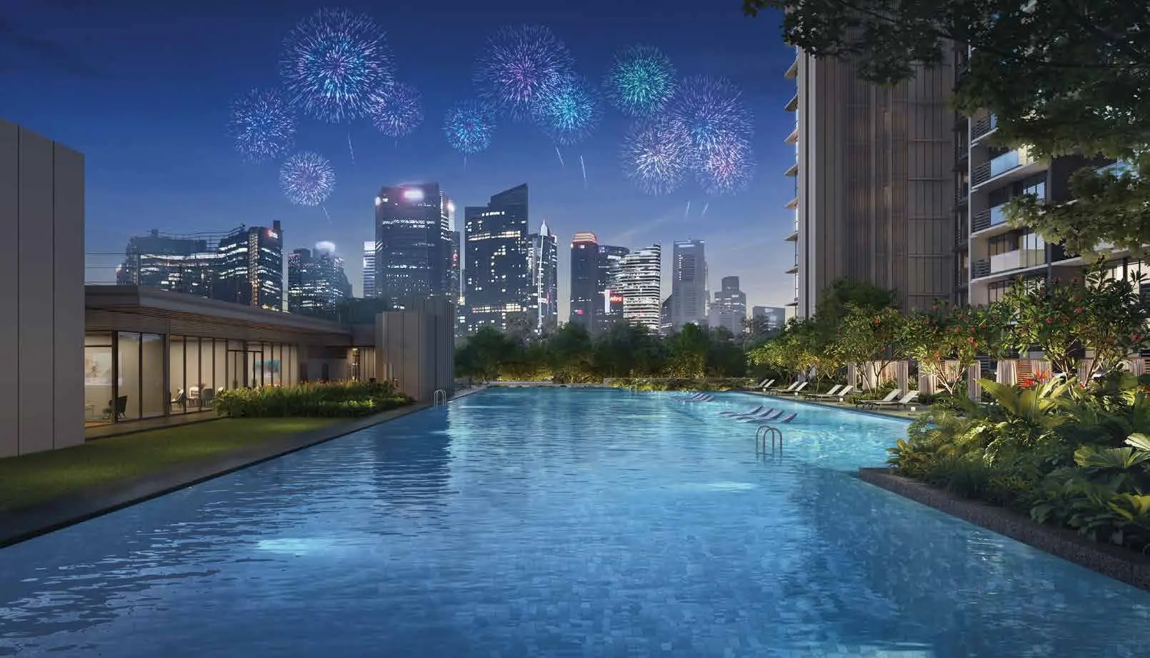 Artist’s impression of the 50-metre pool on the landscape deck at One Marina Gardens, with the city skyline beyond