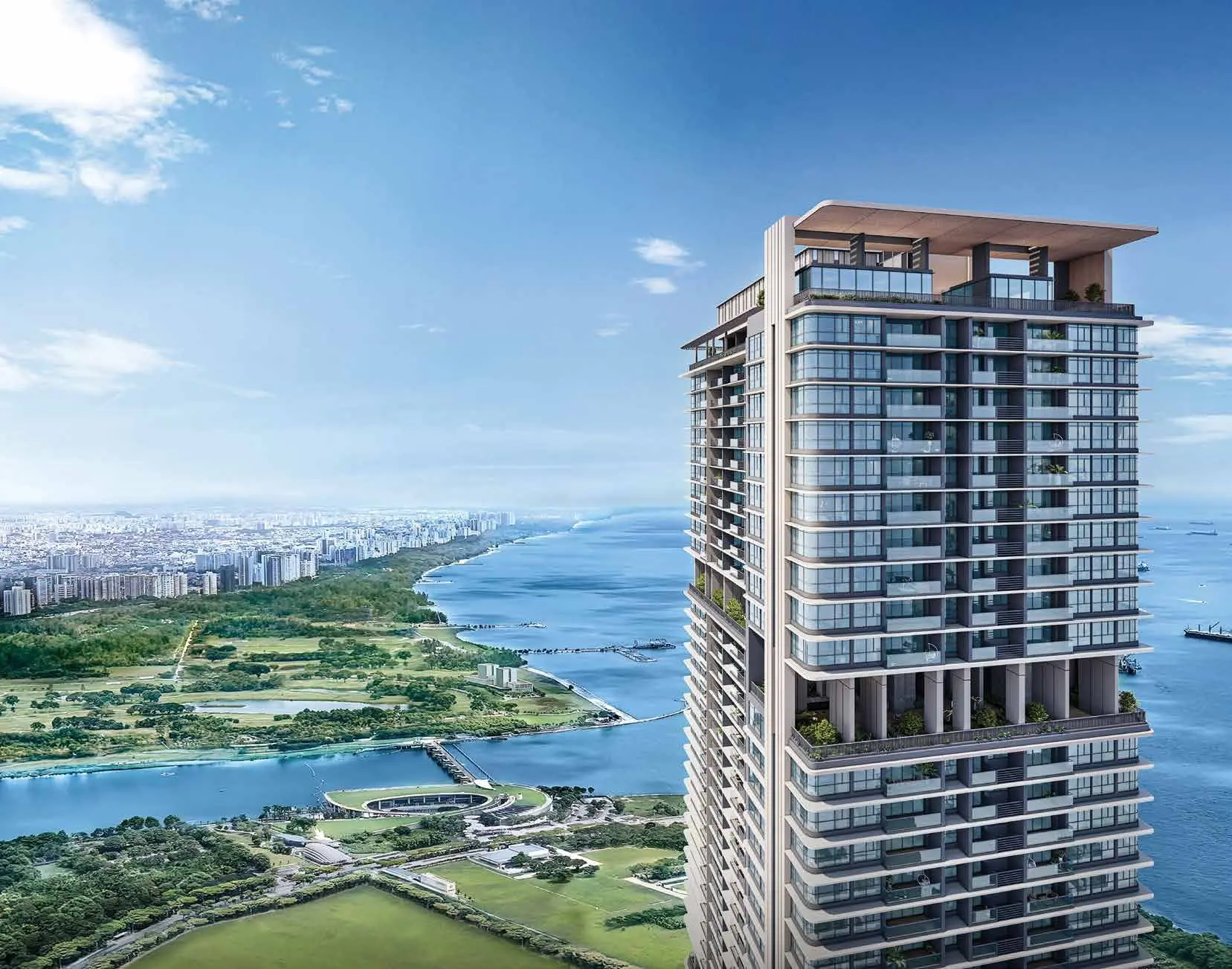 Artist’s impression of the One Marina Gardens towers seen from across the marina, with Gardens by the Bay behind
